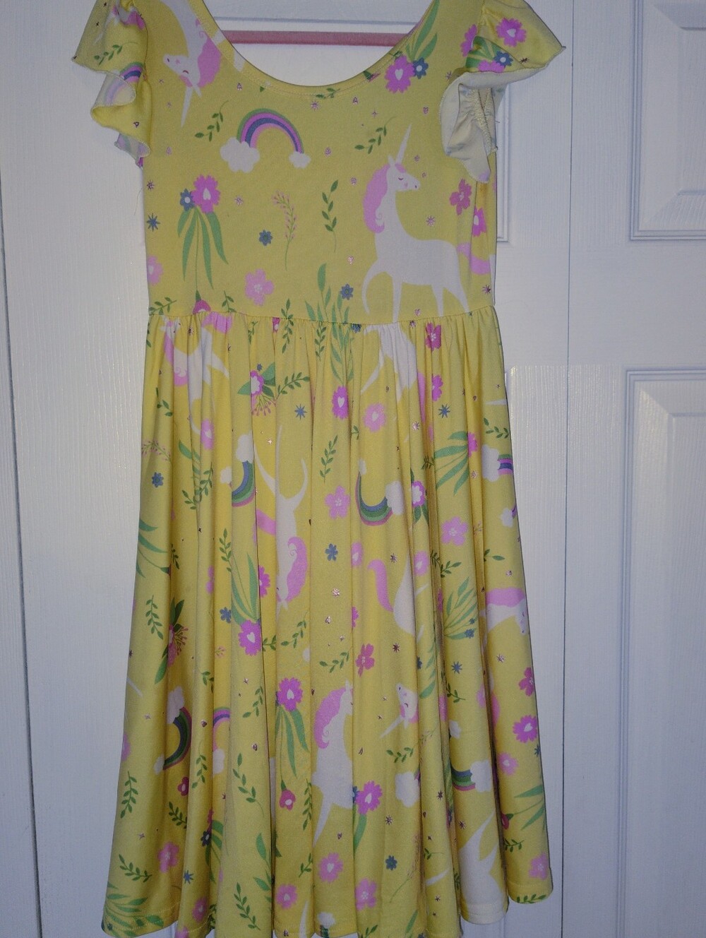 Dot Dot Smile Yellow Unicorn & Rainbow Flutter-Sleeve Dress - Picture 1 of 3